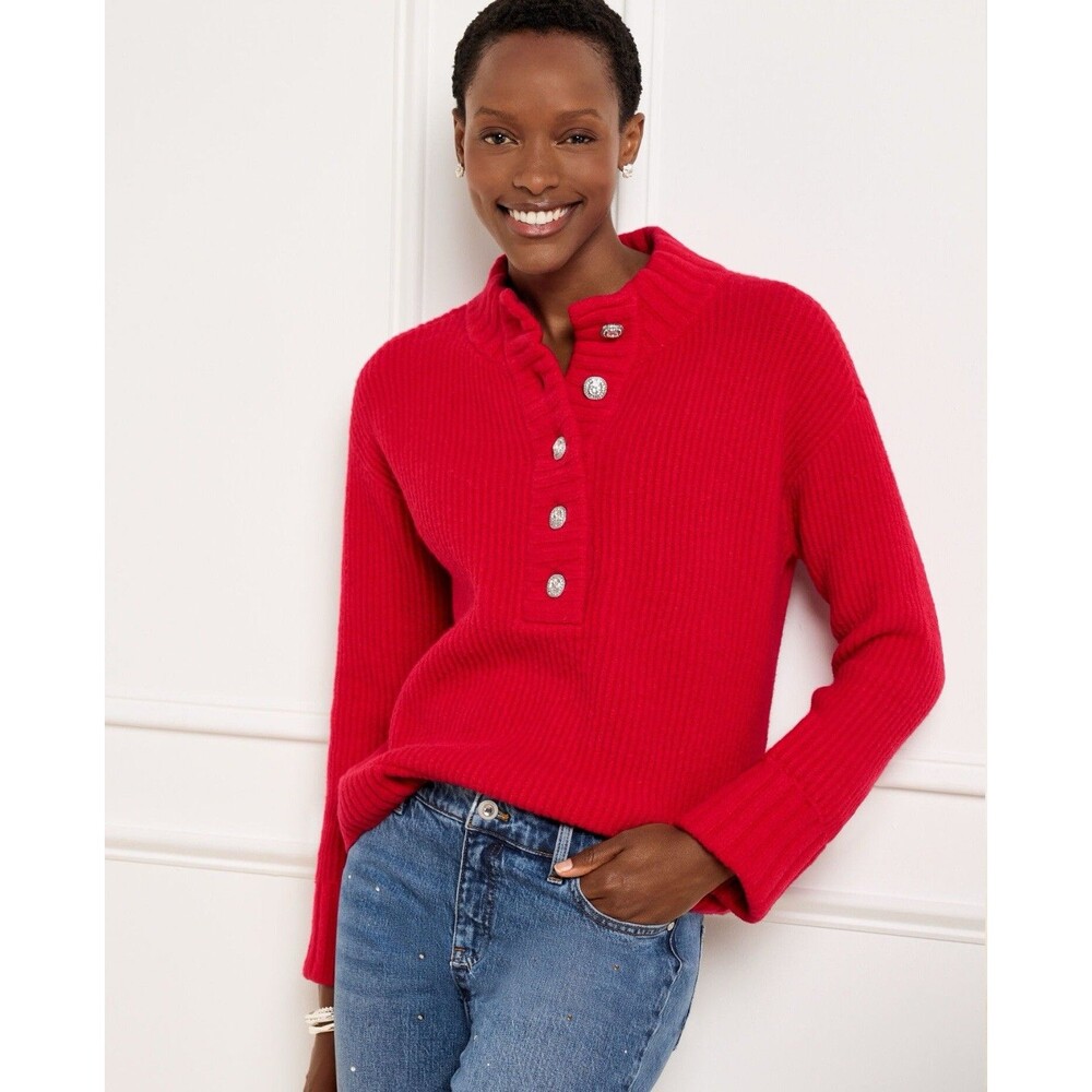 Talbots Red Jewel Button Henley Pullover Sweater Cotton Wool Blend Holiday S